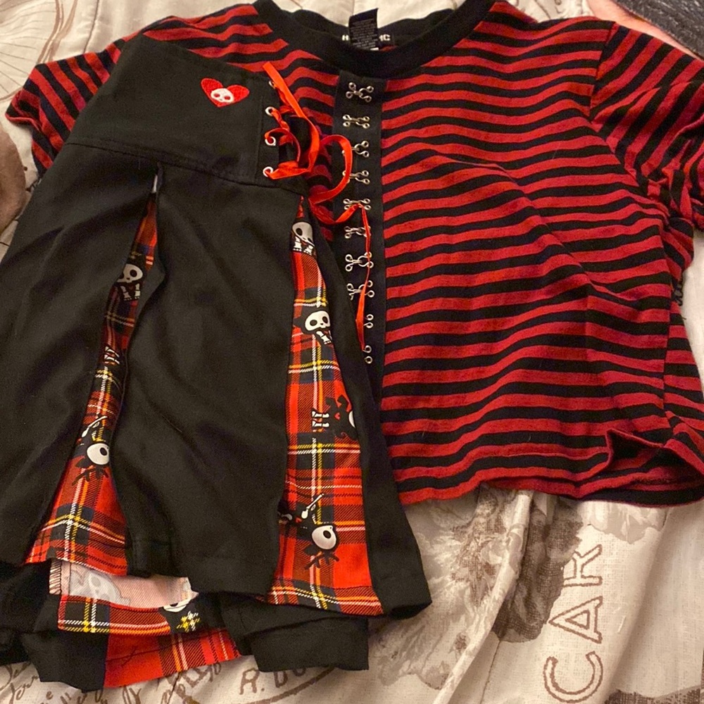 Two piece red and black shirt and skirt